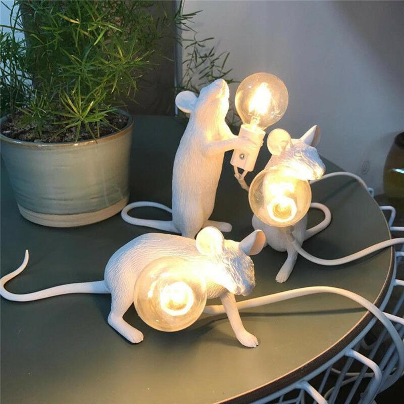 Resin Mouse LED Night Light Creative White Rat Children Bedroom Bedside Table Lamp Home Decorative Ornament Lighting